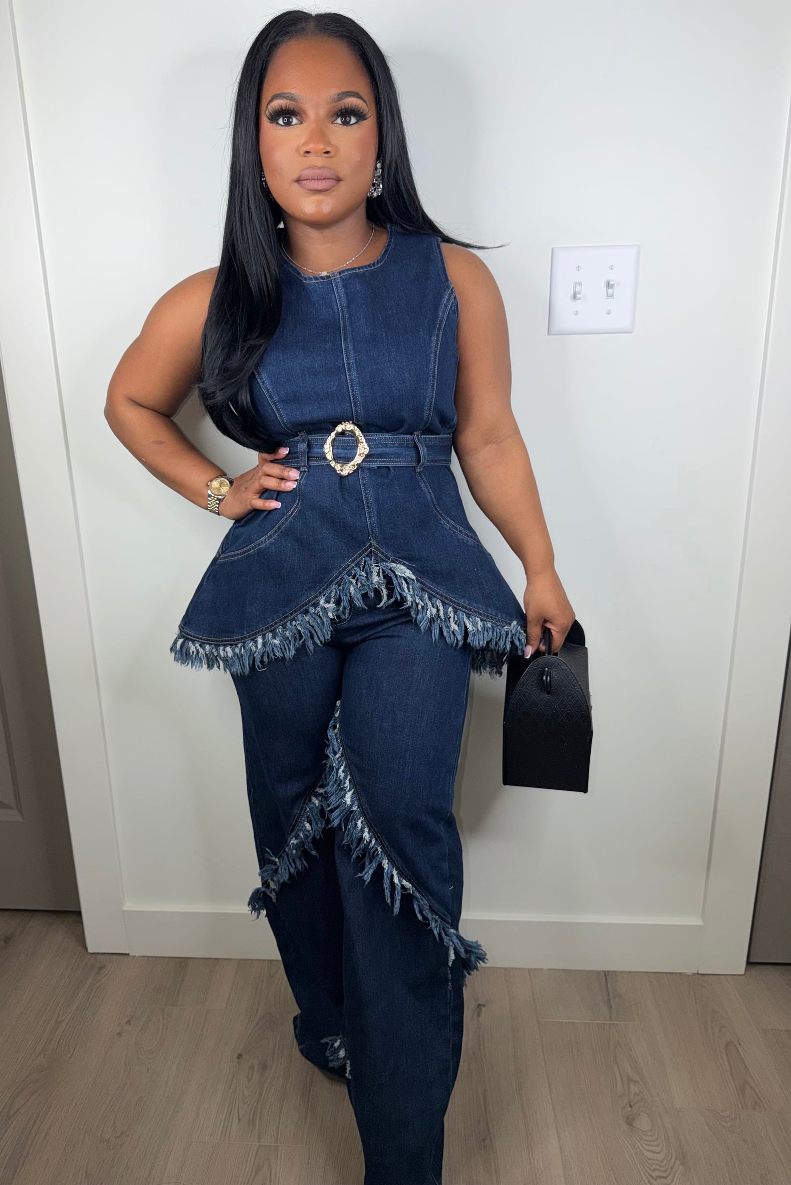 Fringe denim luxe set stretchy