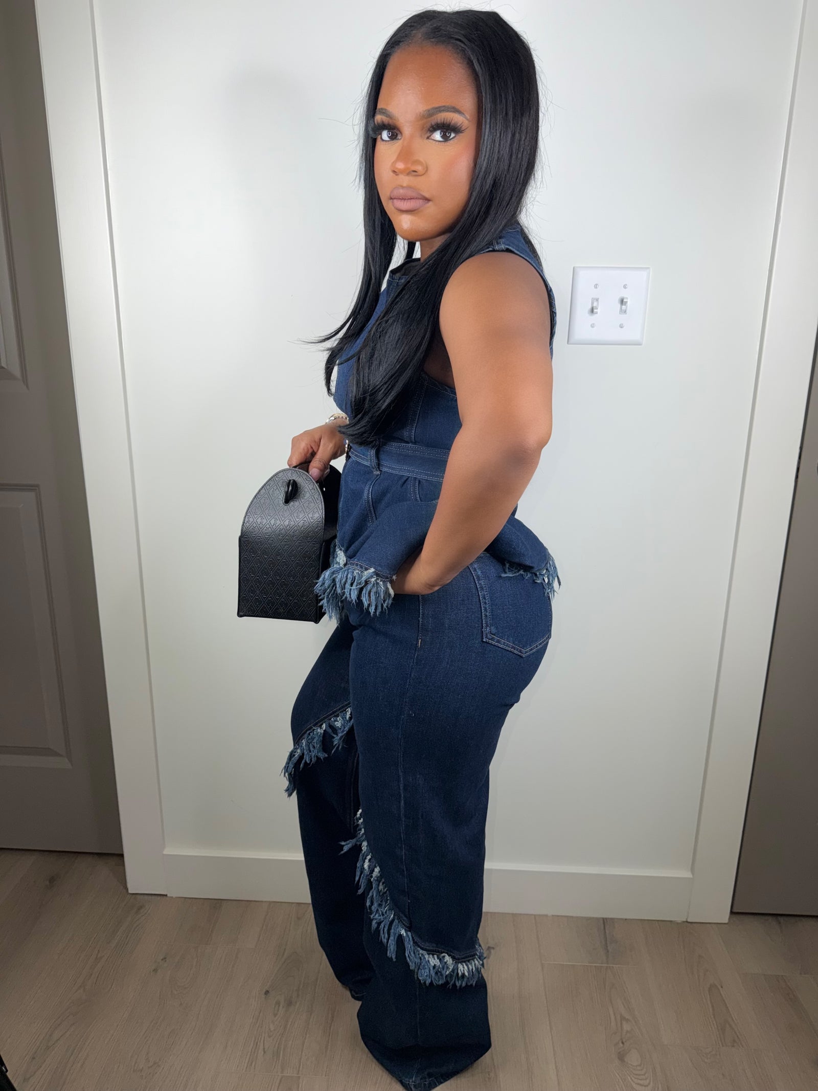 Fringe denim luxe set stretchy