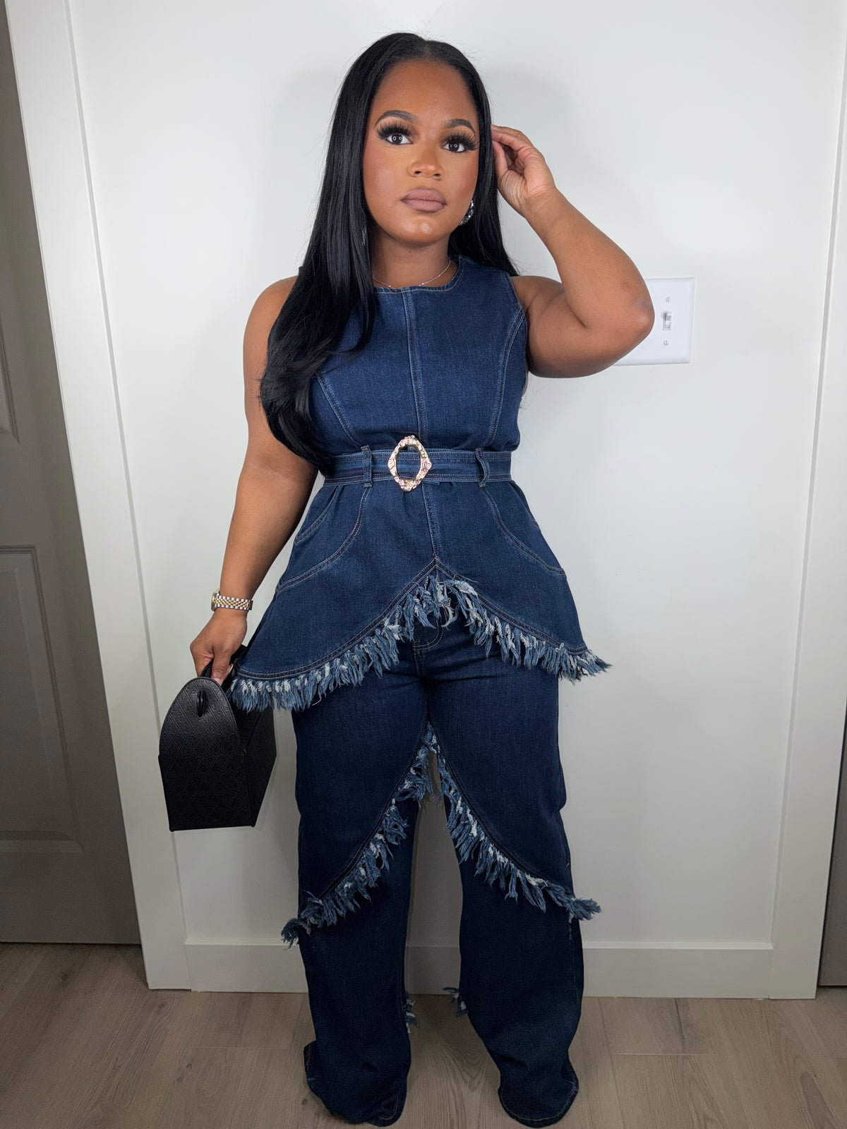 Fringe denim luxe set stretchy