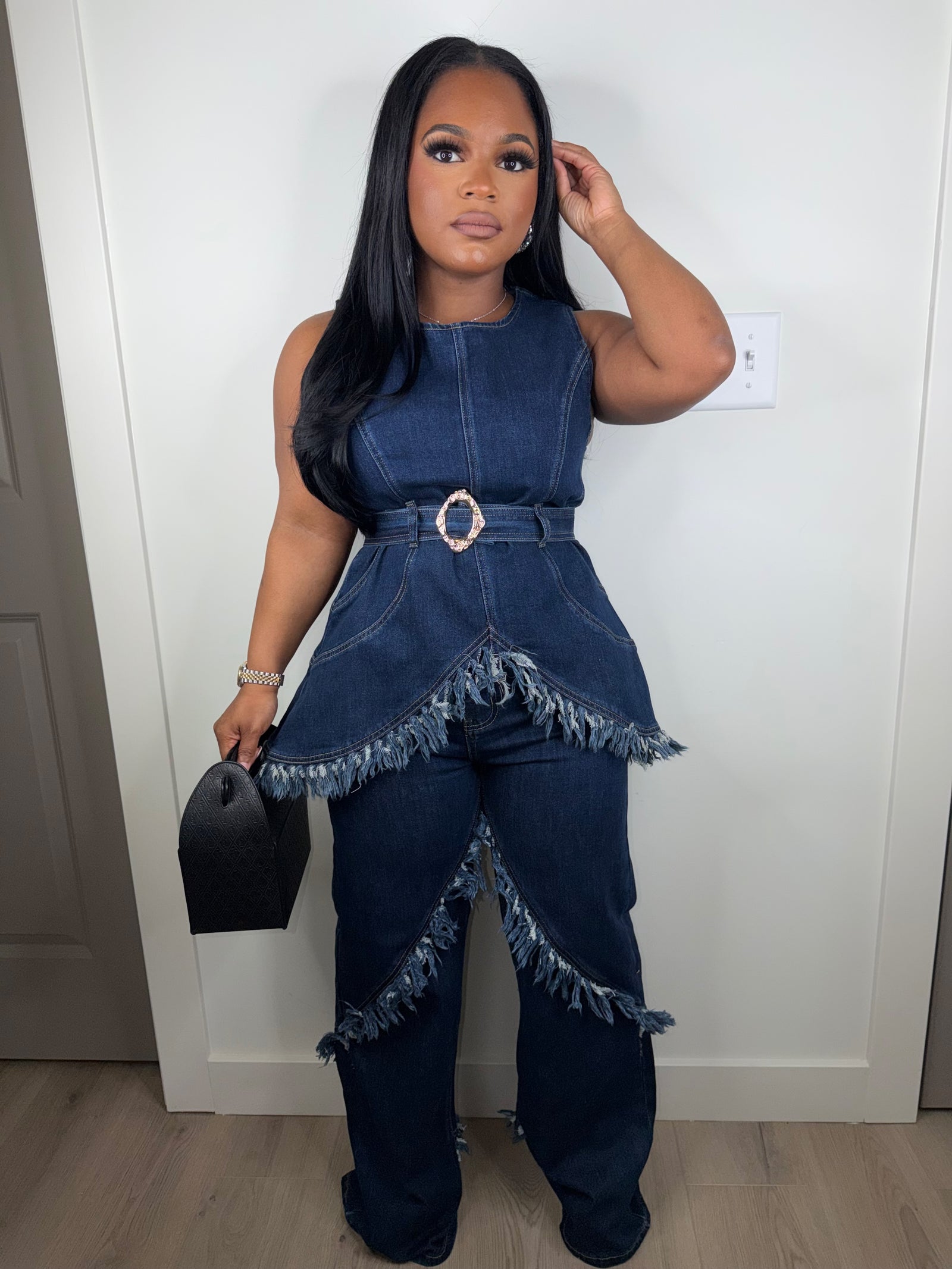 Fringe denim luxe set stretchy